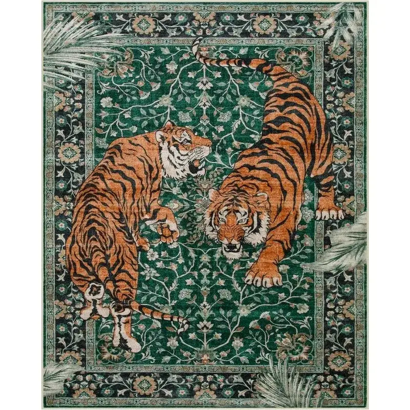 Tapisserie de tigre vert avec des motifs floraux et de feuilles complexes.