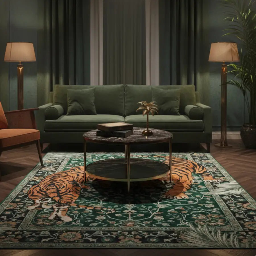 Tapis de tigre vert avec des motifs floraux complexes et un design moderne.