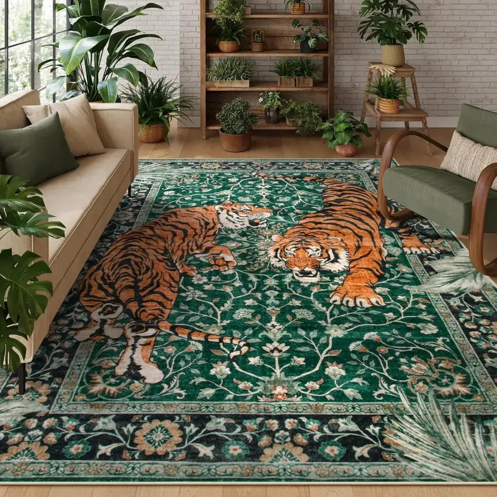Tapis de tigre vert avec motif floral et design de bordure, probablement fabriqué en polyester ou mélange de coton.
