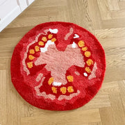 Tapis tomate rond en peluche rouge avec design texturé rose et blanc idéal pour coin lecture avec support caoutchouc