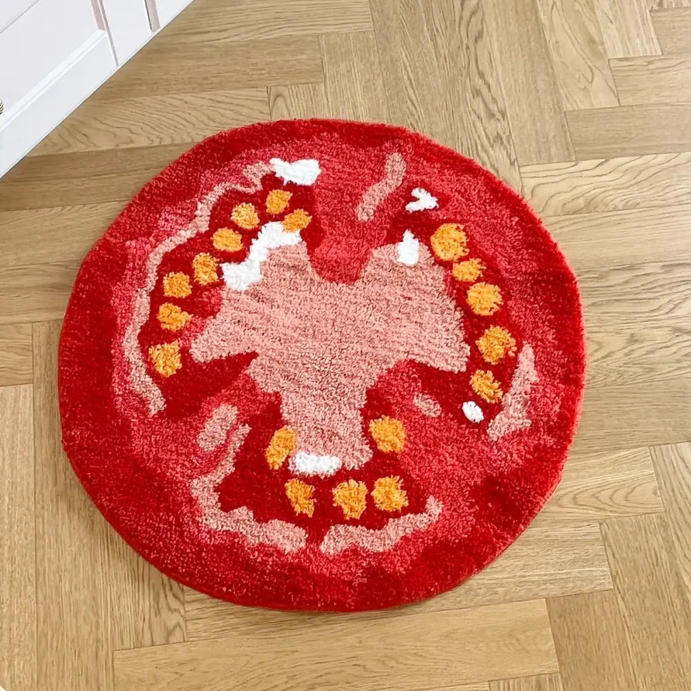 Tapis tomate rond en peluche rouge avec design texturé rose et blanc idéal pour coin lecture avec support caoutchouc