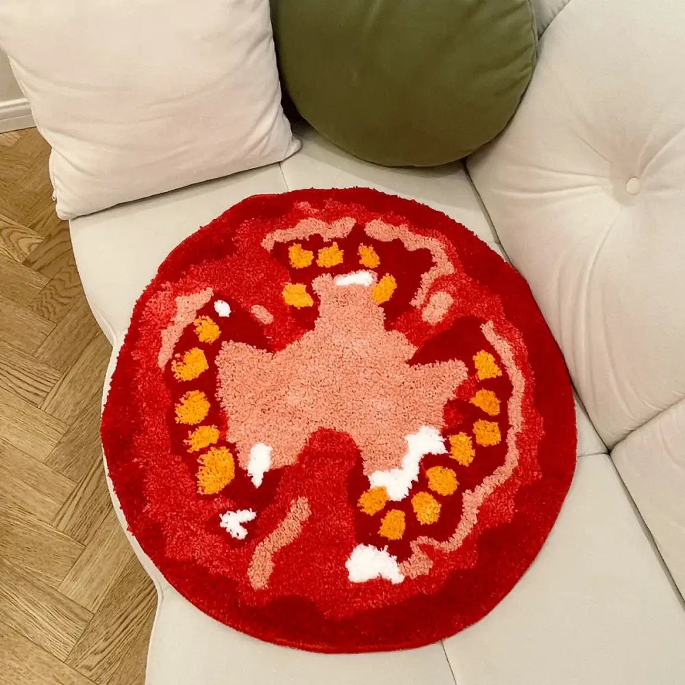 Tapis tomate rond rouge vif en tissu tufté avec support caoutchouc idéal pour coin lecture