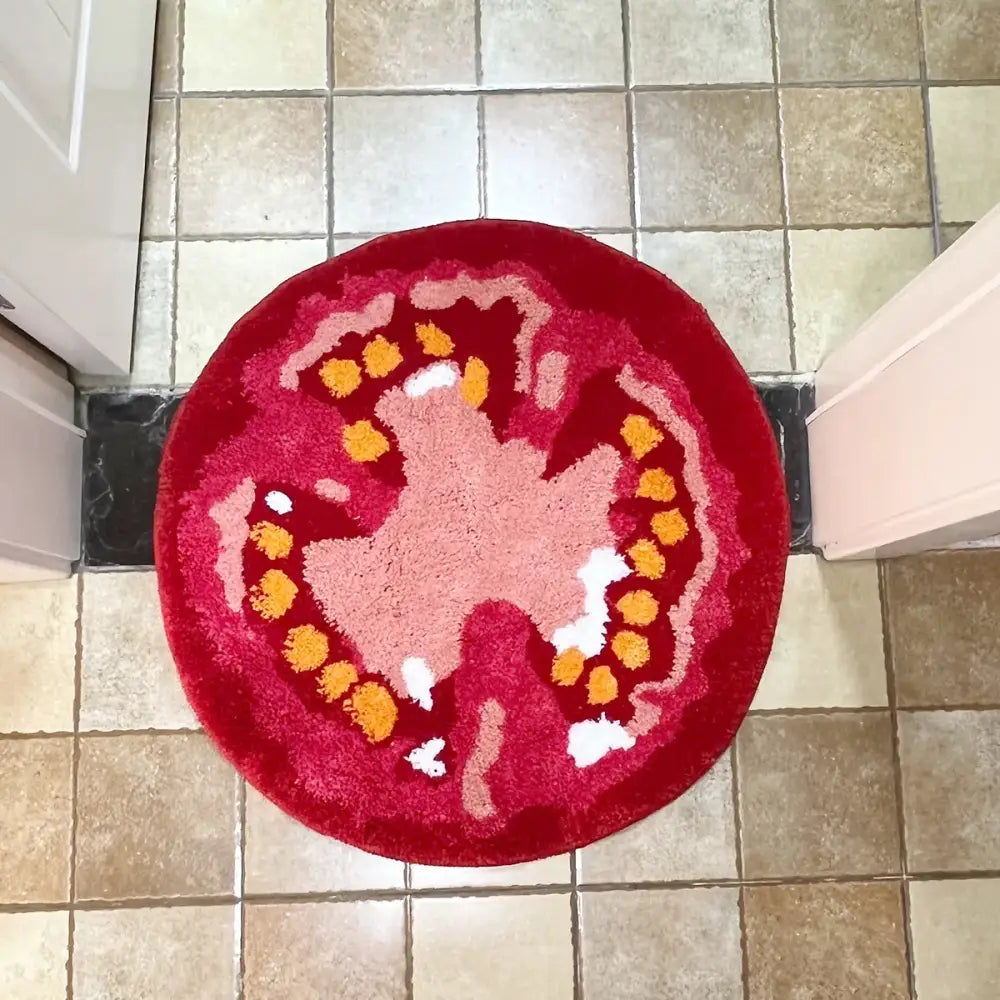 Tapis tomate rond en peluche avec support caoutchouc au dos idéal pour coin lecture couleur rouge et orange