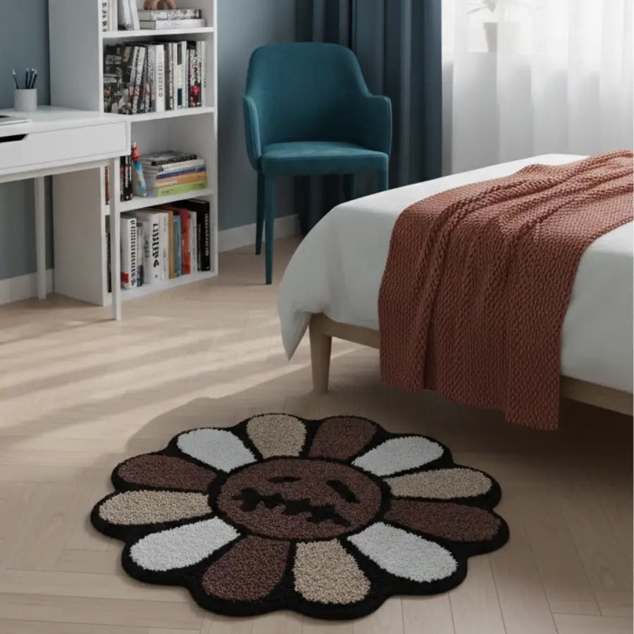 Tapis brun et blanc en forme de tournesol avec un design de visage souriant, fabriqué en matériau moelleux.