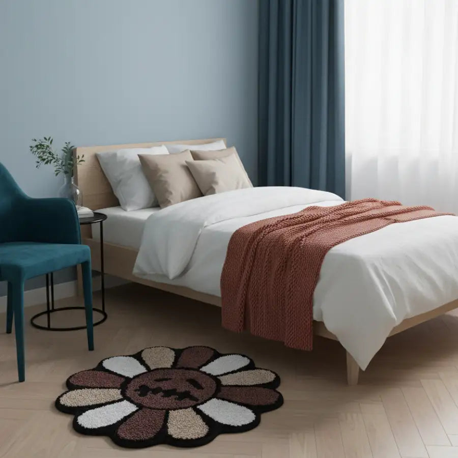 Tapis en forme de fleur marron et beige avec un design de visage souriant, fabriqué en matériau moelleux.