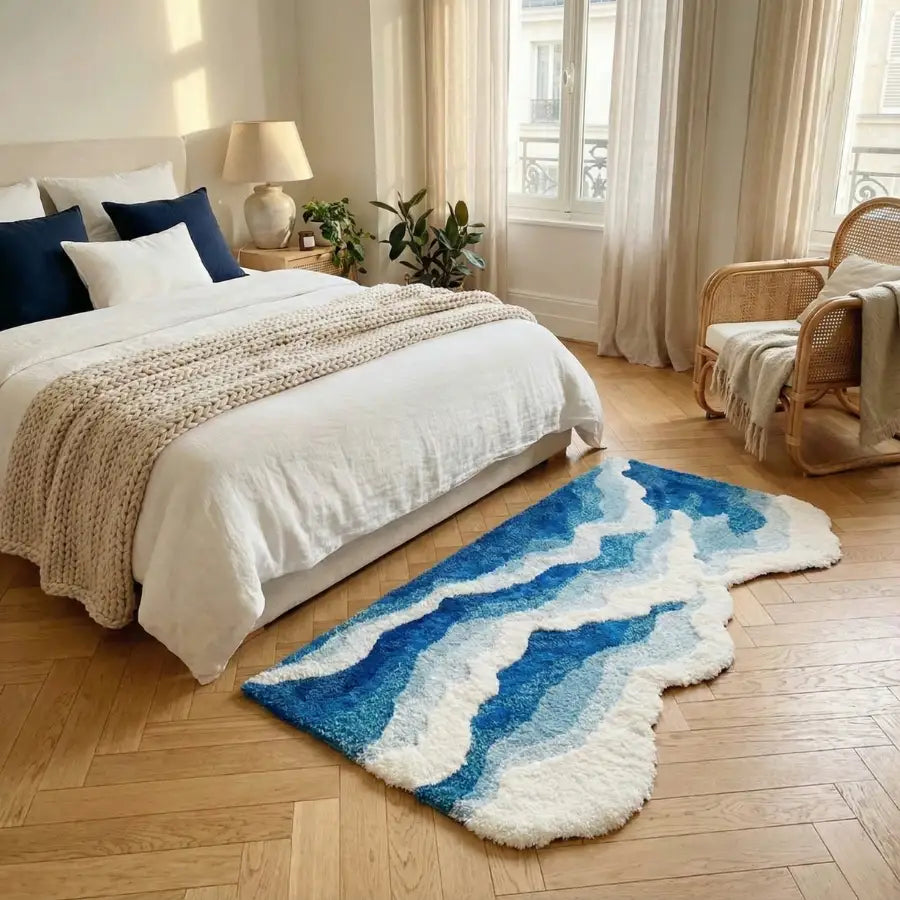 Tapis shaggy à motif de vagues bleu et blanc avec une pile texturée.
