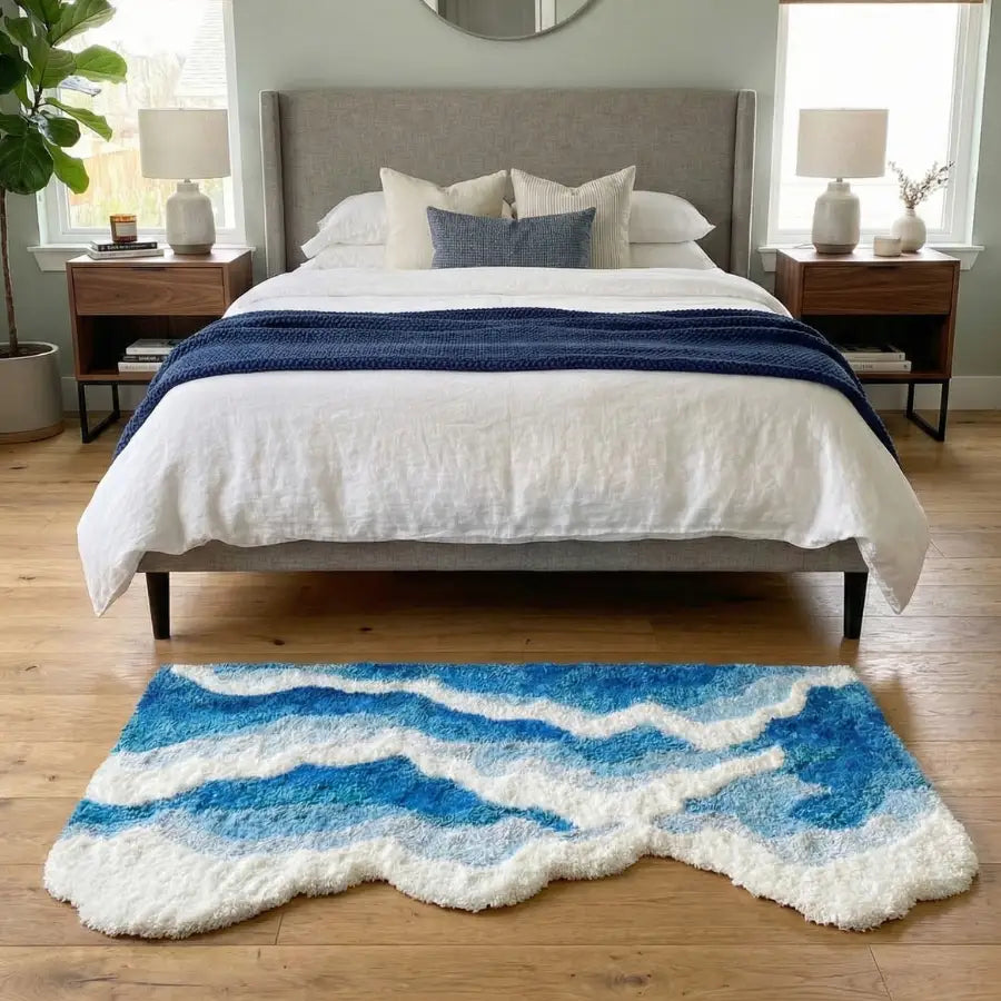 Tapis shaggy à motif de vague bleue avec accents blancs, probablement fabriqué en polyester ou mélange de laine.