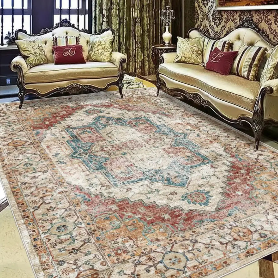 Tapis vintage crème et turquoise avec des motifs floraux complexes, probablement en laine ou en soie.